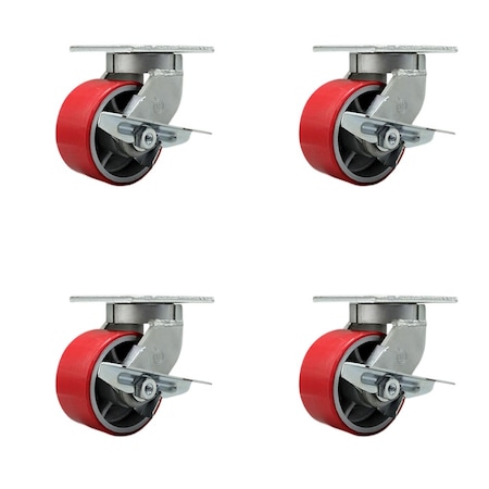 Service Caster 6'' Heavy Duty Red Poly on Cast Iron Swivel Caster Set with Brakes, 4PK CRAN-SCC-KP92S630-PUR-RS-SLB-4